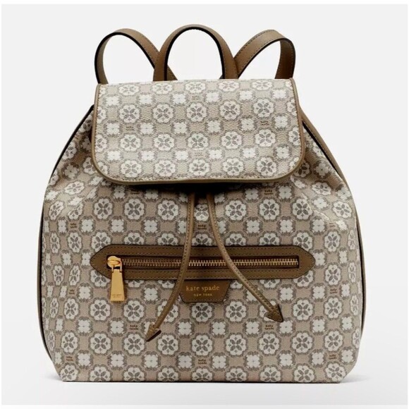 New Kate Spade Flower Monogram Coated Canvas Medium Backpack Natural - Picture 1 of 5
